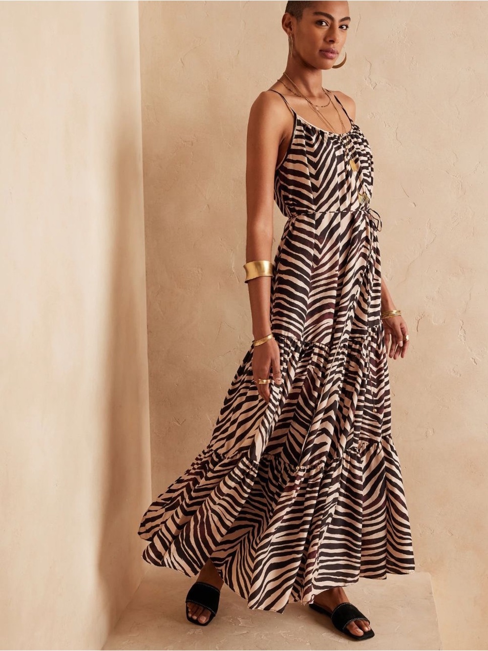 Banana Republic Canna 100% Silk Maxi Dress Zebra Animal Print Tiered Xs Petite
